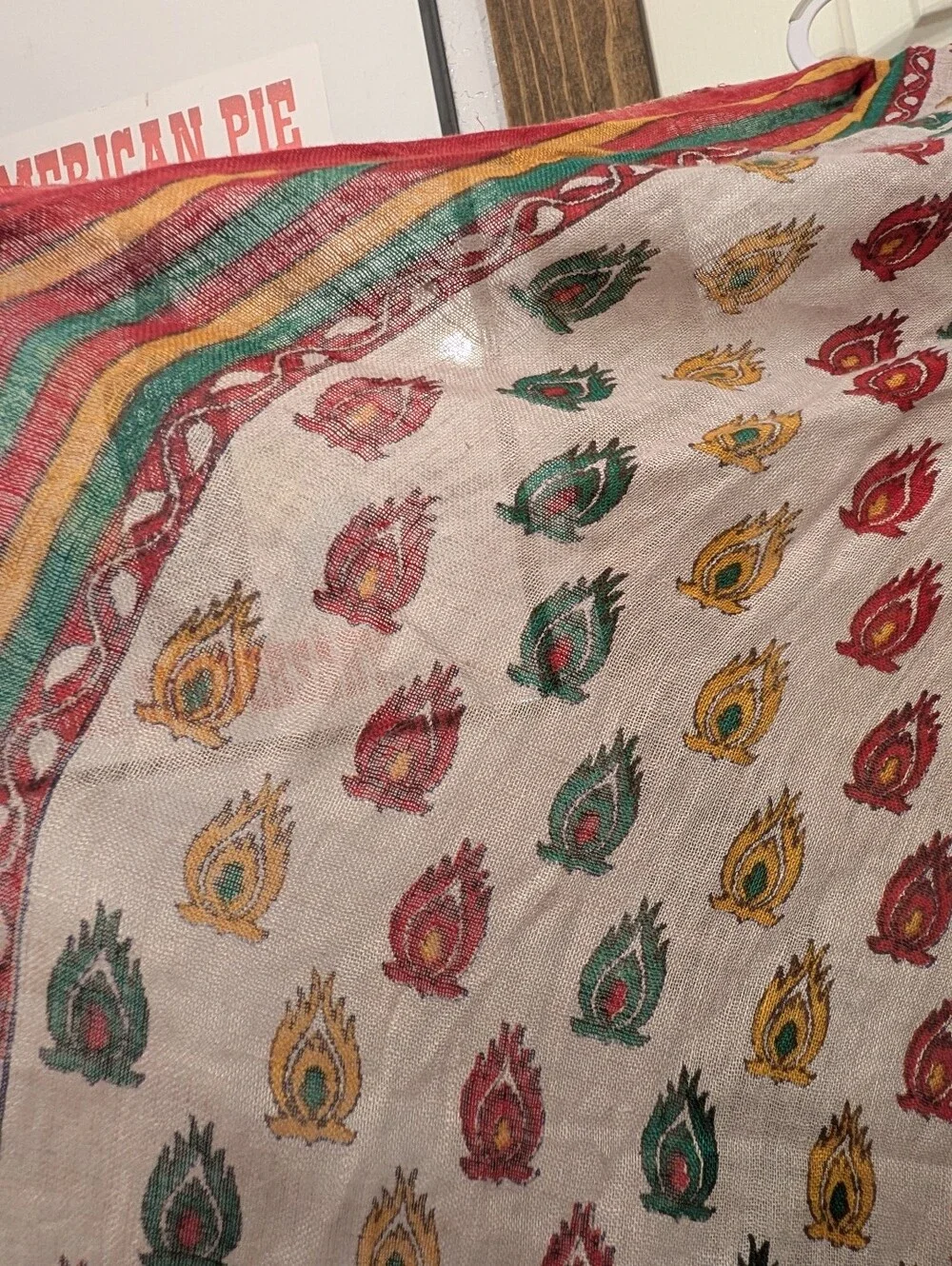 Vintage 1960s Linen Wrap Scarf Indian Cultural Scene Colorful Shawl Woman Deer
